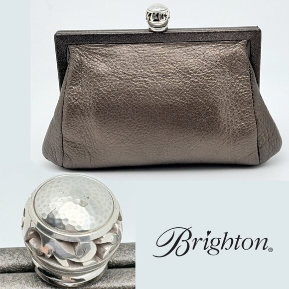 Brighton Pewter Leather Clutch Crossbody Purse Large Dimensional Flower on Front - Picture 5 of 17